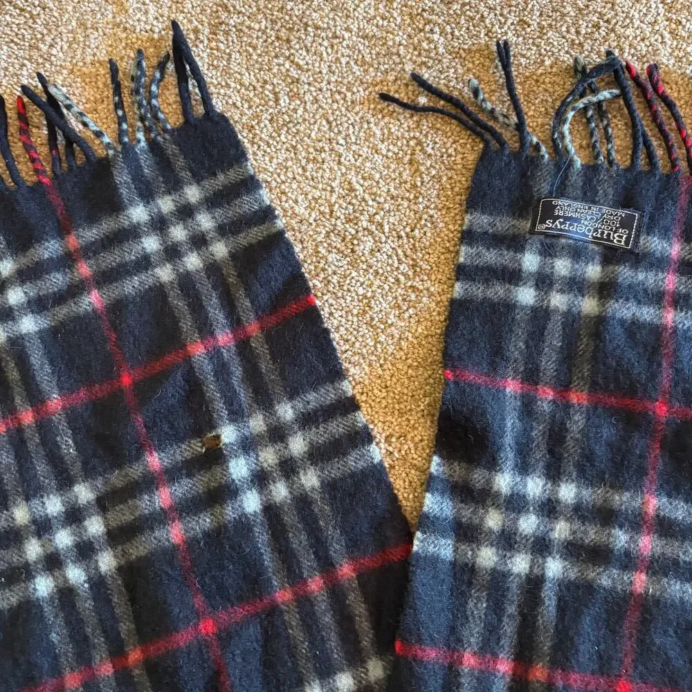 FLAWED Burberry 100% Cashmere Scarf Plaid Blue Red Black Vintage Made in England